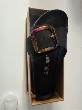 Project cloud memory foam leather Black Slide Sandal with Buckle